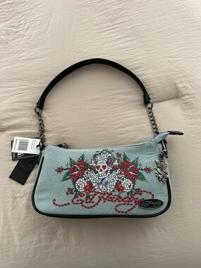 Ed Hardy Light Blue Embroidered Rose & Skull Shoulder Bag with Black Handle